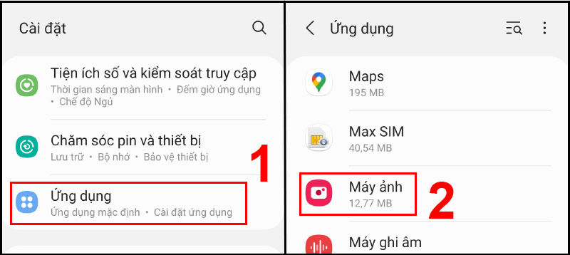 Truy cập Cài đặt chọn ứng dụng Máy ảnh